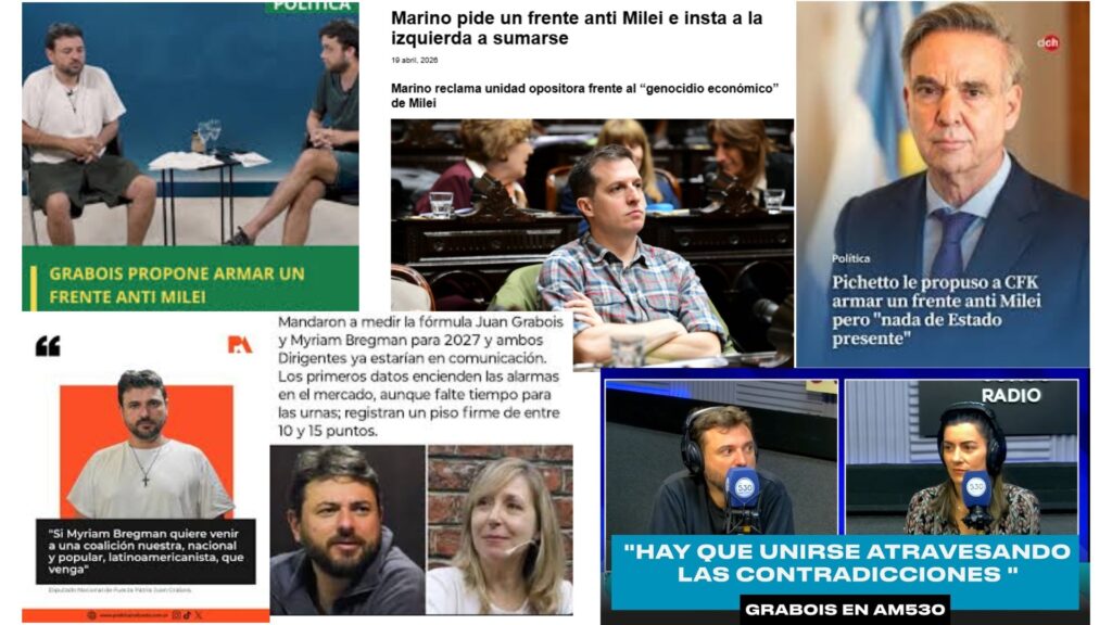 "Collage de seis recortes de noticias digitales y publicaciones de redes sociales sobre política argentina. El tema central es la propuesta de diversos dirigentes, como Juan Grabois, Marino y Pichetto, de conformar un 'frente anti-Milei'. Se incluyen fotos de los protagonistas y titulares que mencionan posibles alianzas, incluyendo una referencia a una fórmula electoral entre Grabois y Myriam Bregman para 2027."