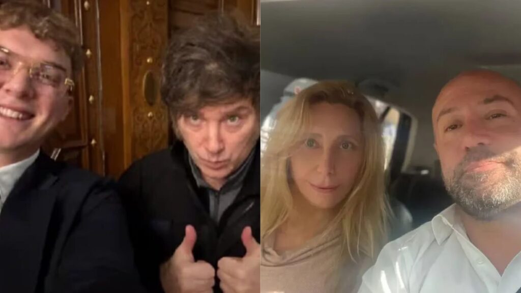 "Collage de 2 fotos: a la loquera Hayden Davis, creador de la estafa Libra junto a Javier Milei, presidente argentino.  A la derecha Karina Milei, hermana de Molero y secretaria general de la presidencia junto a DiegomSpagnuolo. Ambas imágenes representan dos de los grandes escándalos de corrupción que atraviesa al gobierno"
