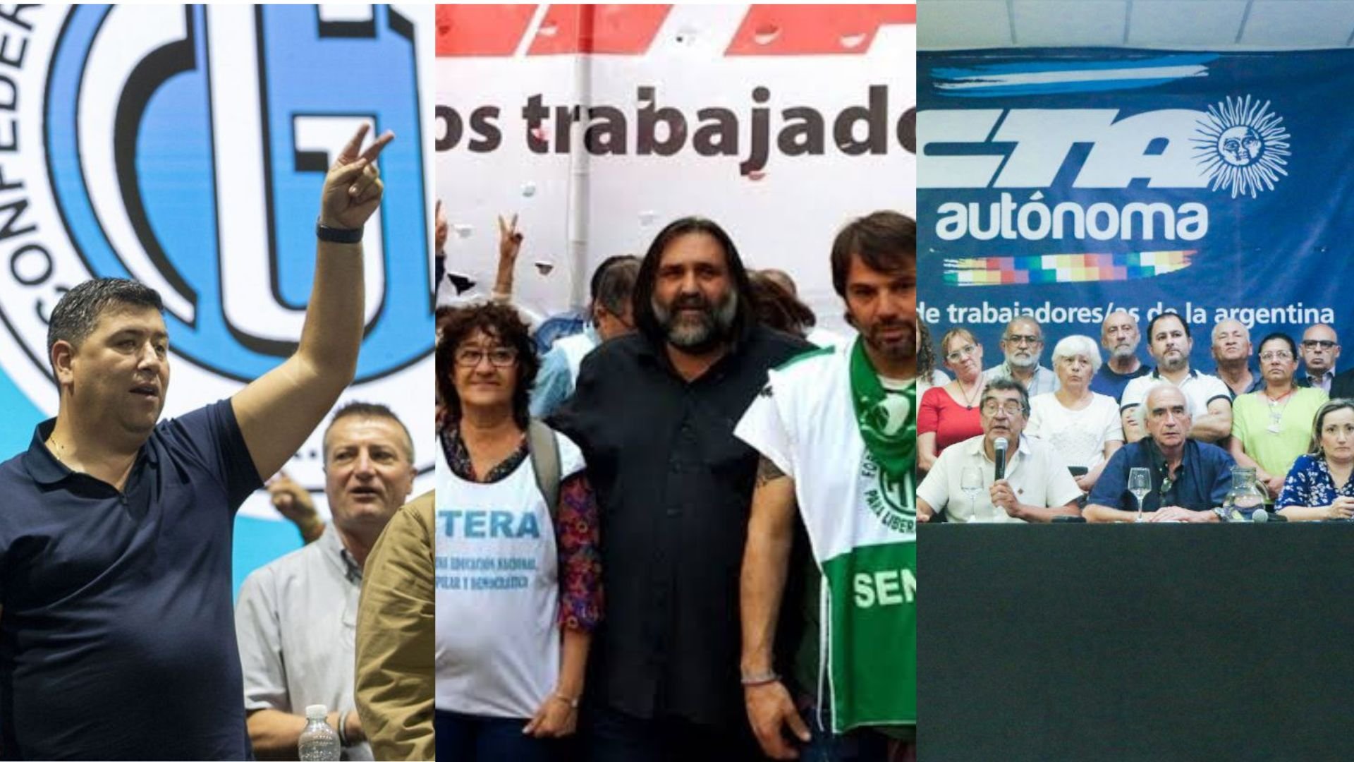"Collage de fitos de dirigentes de la CGT, CTA de los trabajadores y la CGT autónoma"