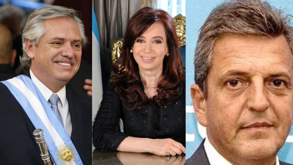 "Collage de fotos de Alberto Fernández, Cristina Fernandez de Kirchner y Sergio Massa"