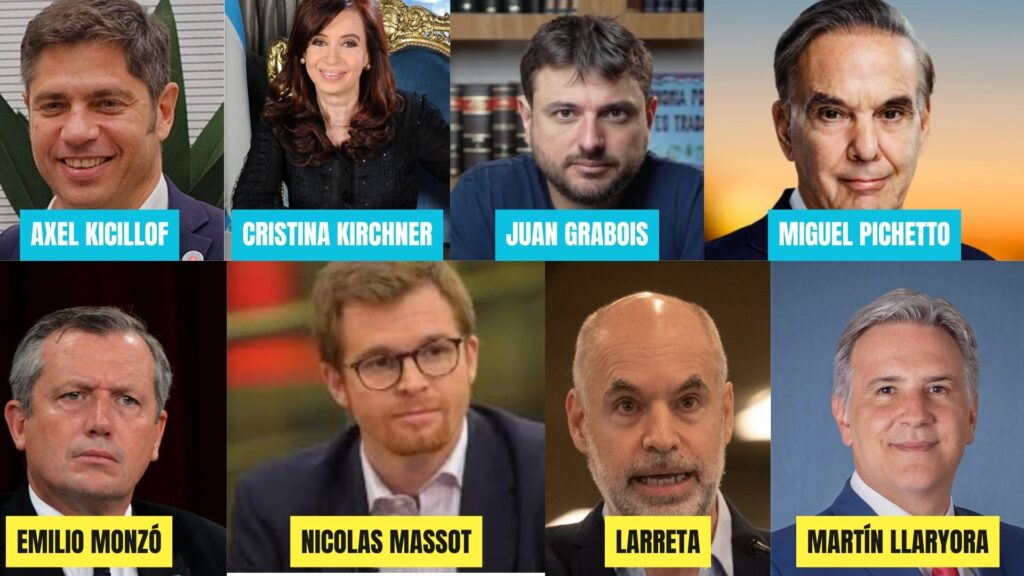 "Composición de ocho retratos fotográficos organizados en dos filas de cuatro columnas. Cada imagen muestra el rostro de un dirigente político argentino con su nombre correspondiente en una etiqueta en la parte inferior. La primera fila tiene etiquetas de color azul cian y la segunda fila de color amarillo. Los nombres incluidos son: Axel Kicillof, Cristina Kirchner, Juan Grabois, Miguel Pichetto, Emilio Monzó, Nicolas Massot, Horacio Rodríguez Larreta y Martín Llaryora."