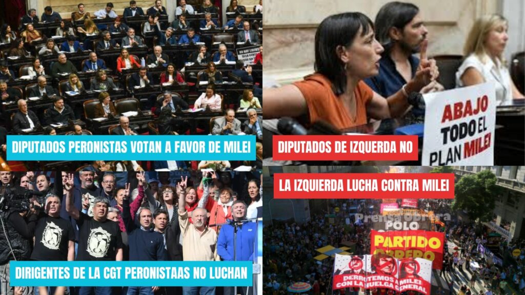 "Collage político dividido en cuatro secciones que critica la inacción del peronismo y la CGT frente a las políticas de Javier Milei, contrastándolo con la oposición activa de la izquierda. Incluye imágenes de una sesión del Congreso, legisladores de izquierda protestando con un cartel, dirigentes sindicales peronistas saludando con los dedos en V, y una manifestación masiva del Partido Obrero. Cada imagen tiene una leyenda de texto en bloques de color rojo o azul."