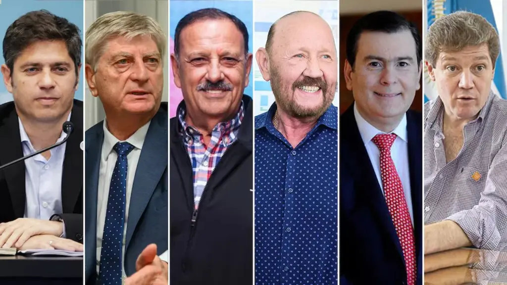 "Gobernadores peronistas Axel Kicillof (Buenos Aires), Ricardo Quintela (La Rioja), Raúl Jalil (Catamarca), Gildo Insfrán (Formosa), Sergio Ziliotto (La Pampa) y Gustavo Melella (Tierra del Fuego)"