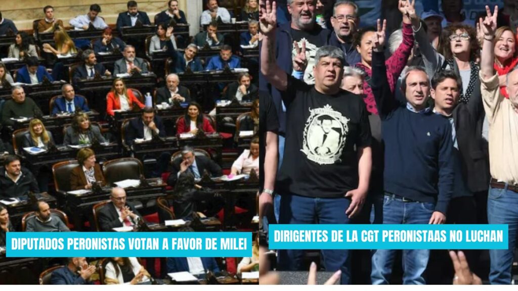 "collage de dos fotos, a la izquierda se ven diputados peronistas en el congreso y la leyenda con fondo celeste y letras blancas dice "diputados peronistas votan a favor de Milei" y la de la derecha se ven dirigentes de la CGT junto a Axel Kiciloff haciendo los dedos en V y la leyenda dice "Dirigentes de la CGT peronistas no luchan"