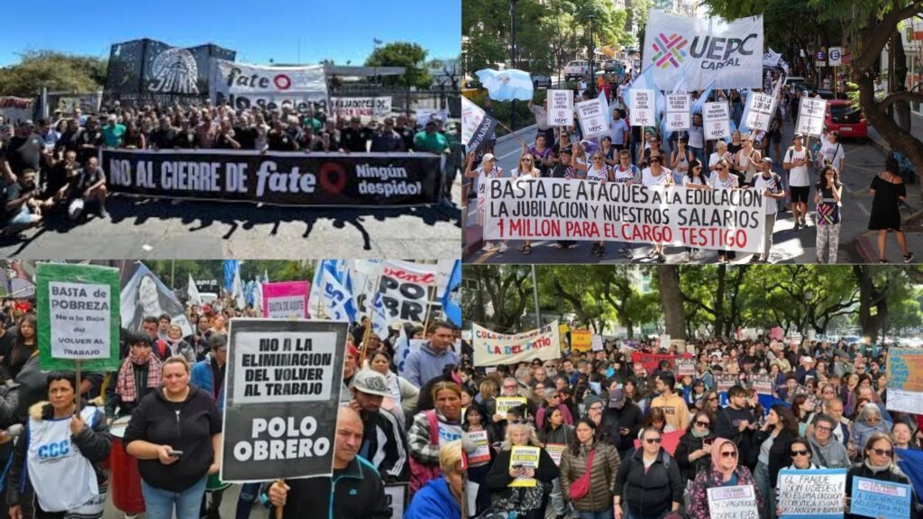 "collage de cuatro fotografías de protestas sociales en Argentina. Arriba a la izquierda se ve una protesta de obreros del neumático con la bandera negra del SUTNA y una blanca de FATE, abajo hay una pancarta que dice 'NO AL CIERRE DE FATE, ningún despido'. A la derecha hay una movilización docente de la provincia de Córdoba, se ve una bandera blanca con logo multicolor de UEPC Capital, además hay una pancarta que dice 'Basta de ataques a la educación, la jubilación y nuestros salarios. 1 millón para el cargo testigo'. Abajo a la izquierda se ve una protesta de organizaciones piqueteras con carteles del Polo Obrero y la CCC que dicen 'no a la eliminación del volver al trabajo'. A la derecha movilización del colectivo de discapacidad al ministerio de salud del miercoles 22 de abril. Se ven muchas pancartas y carteles reclamando que se cumpla la ley de emergencia en discapacidad"