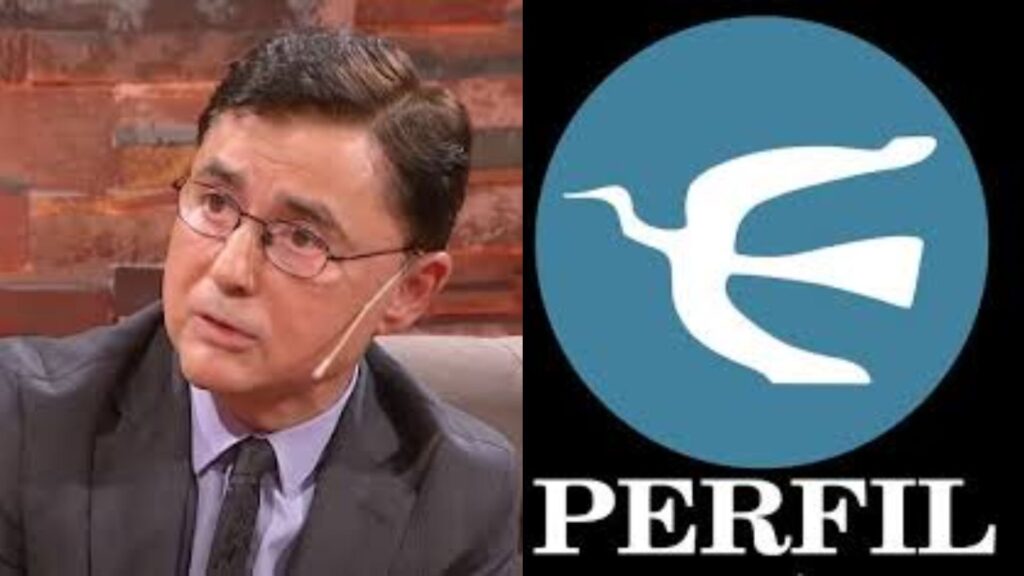 "Collage de fotos, a la izquierda se lo ve a Jorge Fontevecchia, periodista y dueño de el diario'El Perfil'. Ala derecha se ve un logo con fondo negro y un círculo azul, con la imágn de un ave color blanco y abajo letras blancas en letra serif mayúscula que dicce PERFIL'´, la imágen e el logo del diario 'Perfil'.
