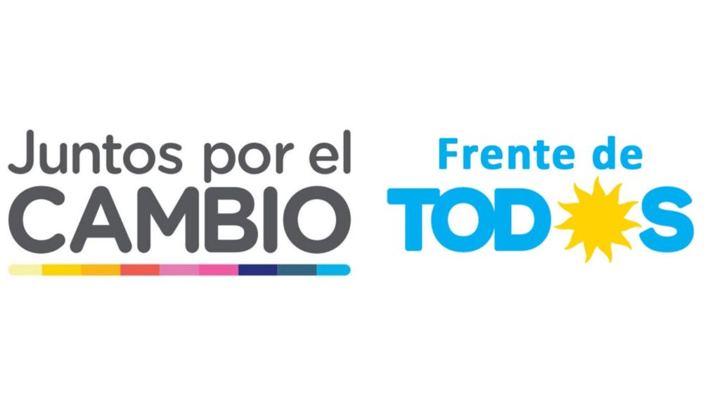 "Logotipos de las coaliciones políticas argentinas Juntos por el Cambio y Frente de Todos. A la izquierda, el texto 'Juntos por el Cambio' con una línea multicolor debajo. A la derecha, el texto 'Frente de TODOS' en azul, donde la letra 'O' es reemplazada por un sol amarillo."