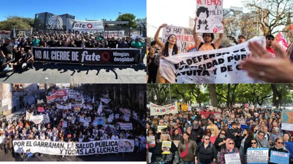 Esta es una imagen compuesta por cuatro fotografías de distintas manifestaciones sociales en Argentina. Para cumplir con las WCAG, el texto alternativo debe resumir el contenido global y detallar los mensajes principales de las pancartas, que son la información clave de la imagen.

Aquí tienes las opciones:

1. Opción estándar (Detallada)
"Mosaico de cuatro fotografías que muestran diferentes manifestaciones en la vía pública. Arriba a la izquierda, trabajadores con una bandera que dice 'No al cierre de Fate. ¡Ningún despido!'. Arriba a la derecha, jóvenes con carteles en defensa de la universidad pública y uno que dice 'Vetemos a Milei'. Abajo a la izquierda, una marcha multitudinaria con una bandera que reza 'Por el Garrahan, la salud pública y todas las luchas'. Abajo a la derecha, una concentración de personas con carteles que reclaman por el ajuste en discapacidad y salud."